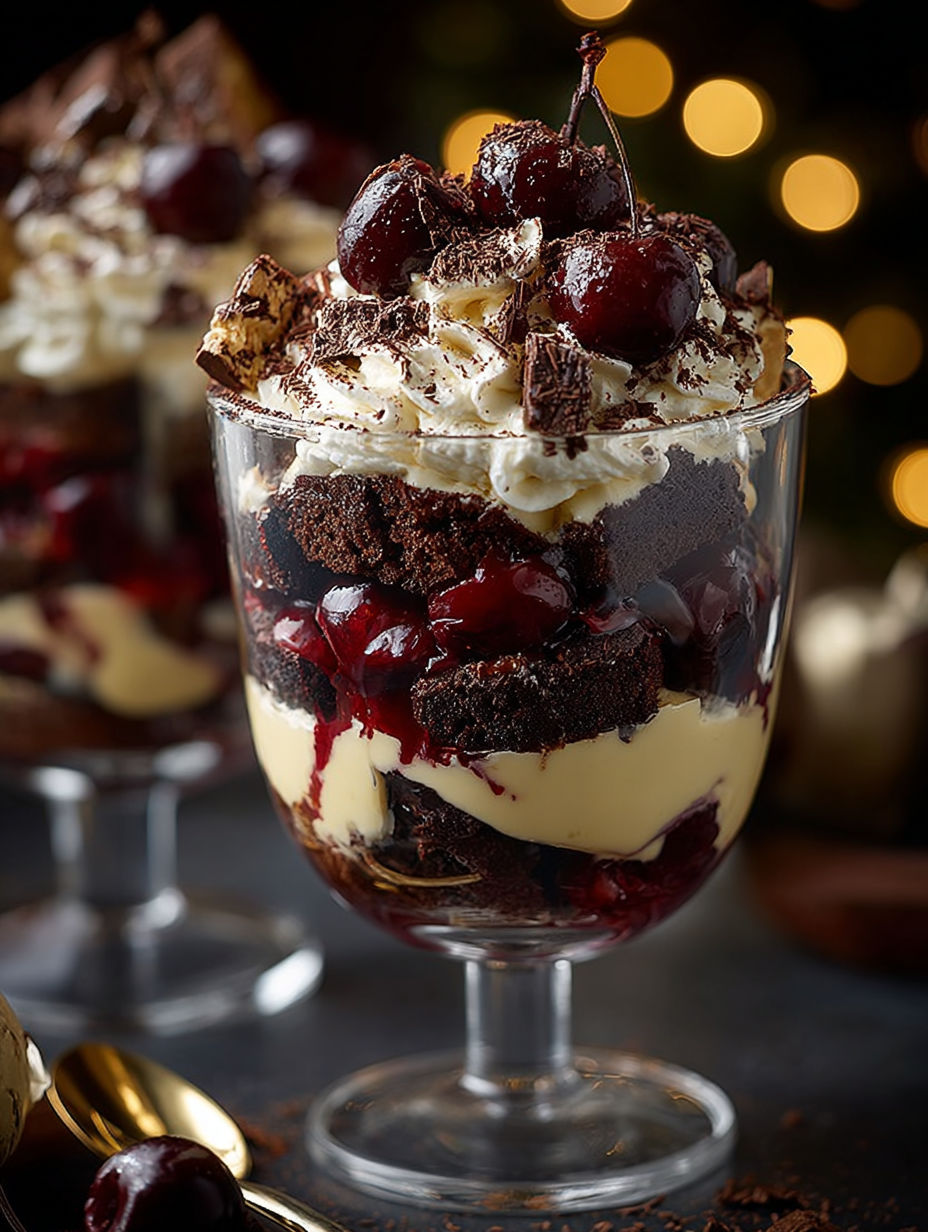 A glass of Black Forest Trifle for Christmas.