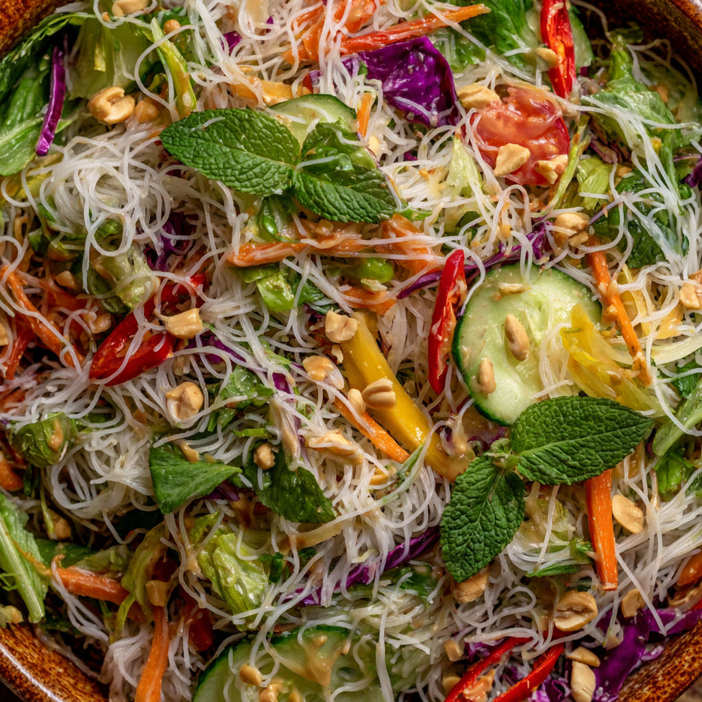 A salad with noodles, vegetables, and peanut dressing.
