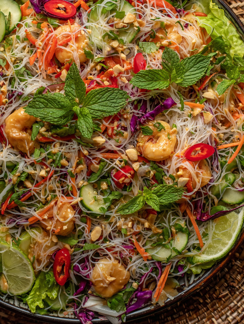 A salad with shrimp, carrots, and mint.