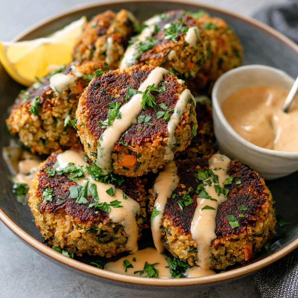 A plate of baked falafel with tahini sauce.