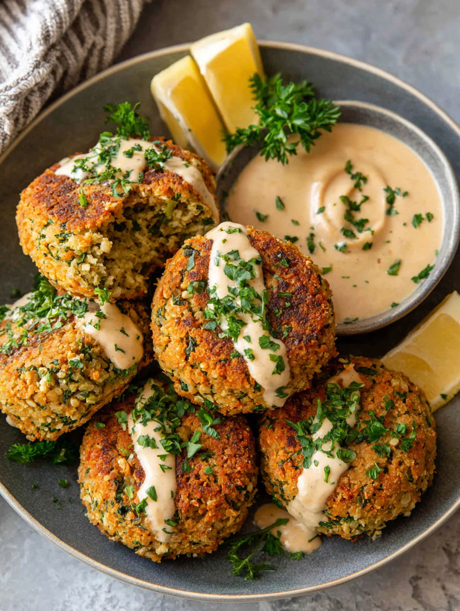 A plate of baked falafel with tahini sauce.