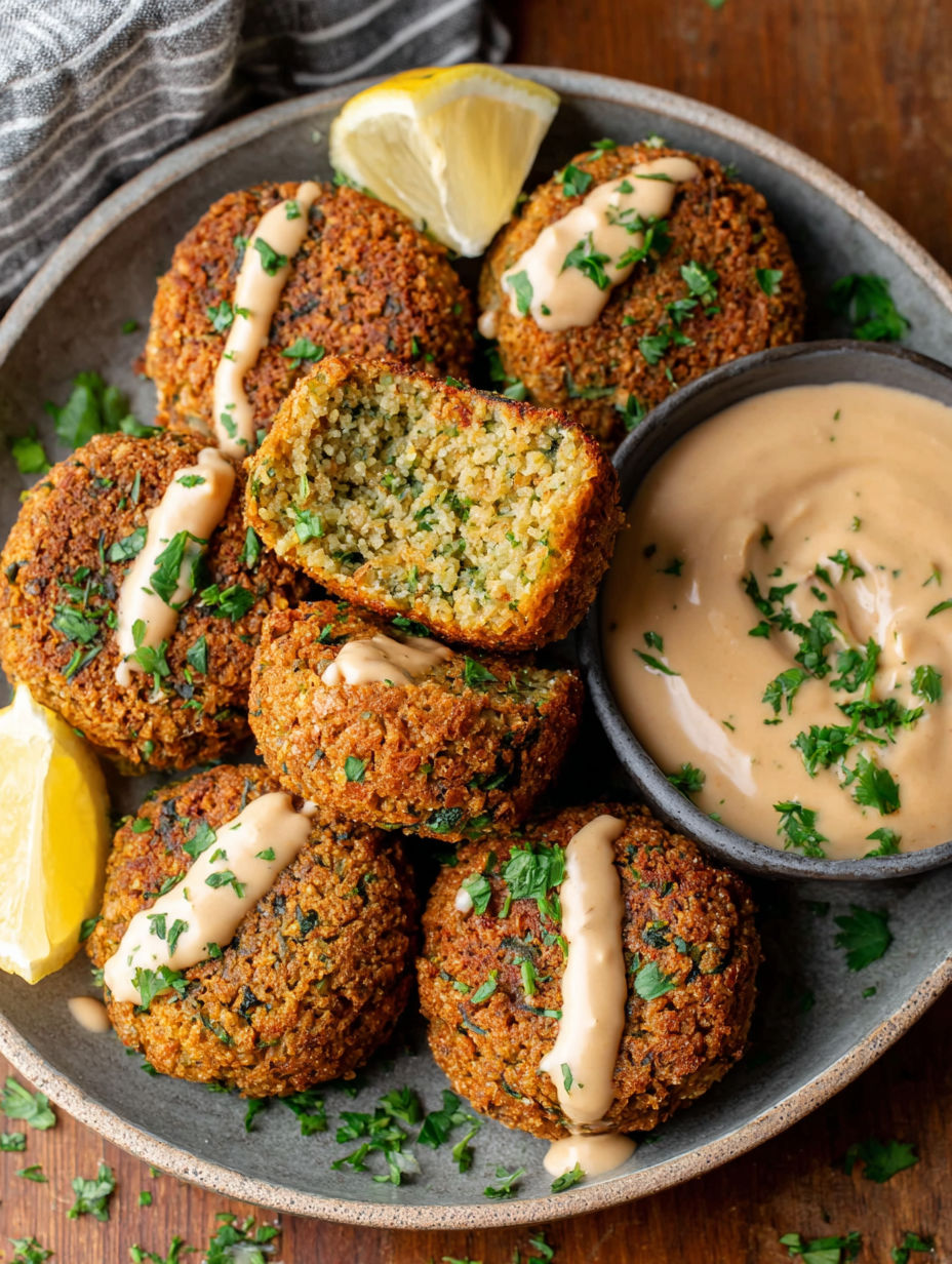 A plate of baked falafel with tahini sauce.