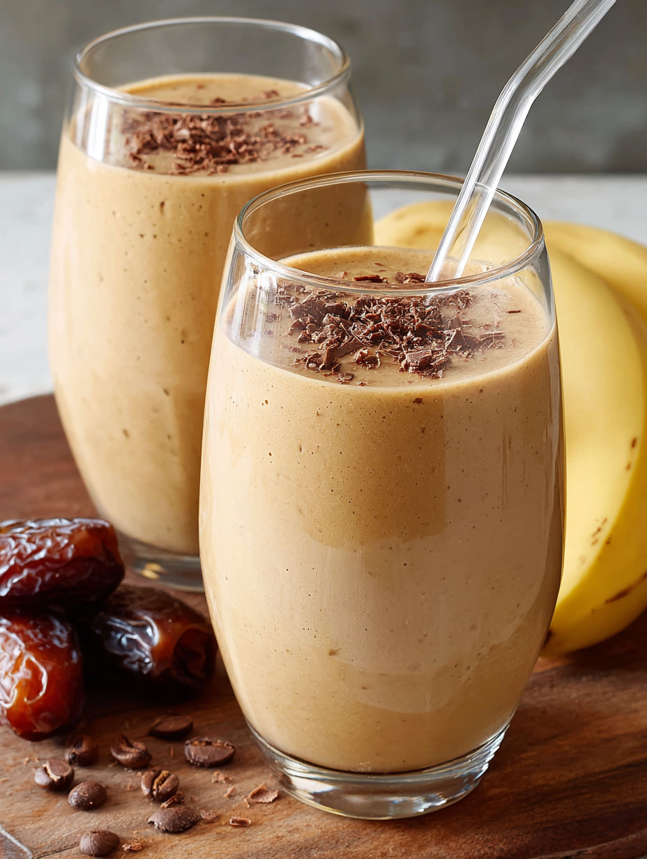 Two glasses of chocolate milk with bananas.