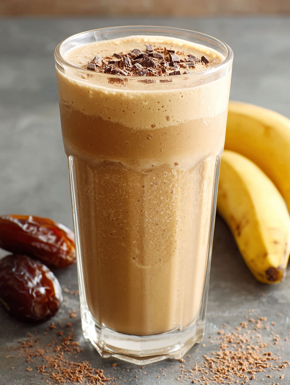 A glass of chocolate milk with chocolate chips on top.