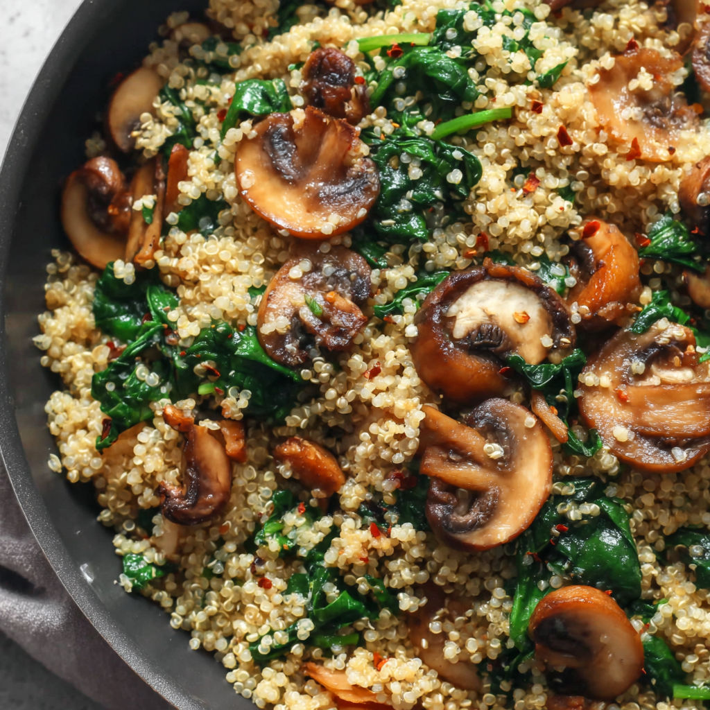 A skillet filled with mushrooms and spinach.