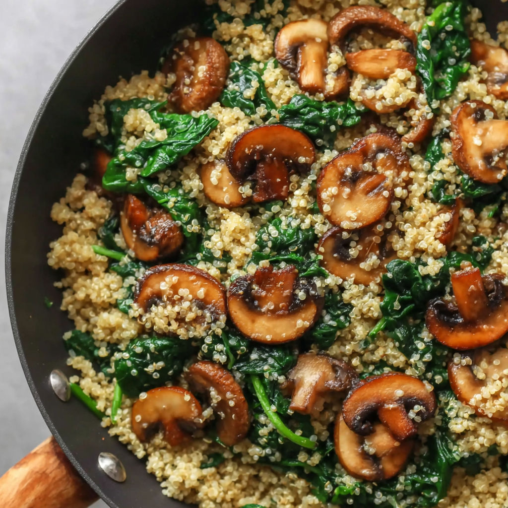 A skillet full of mushrooms and spinach.