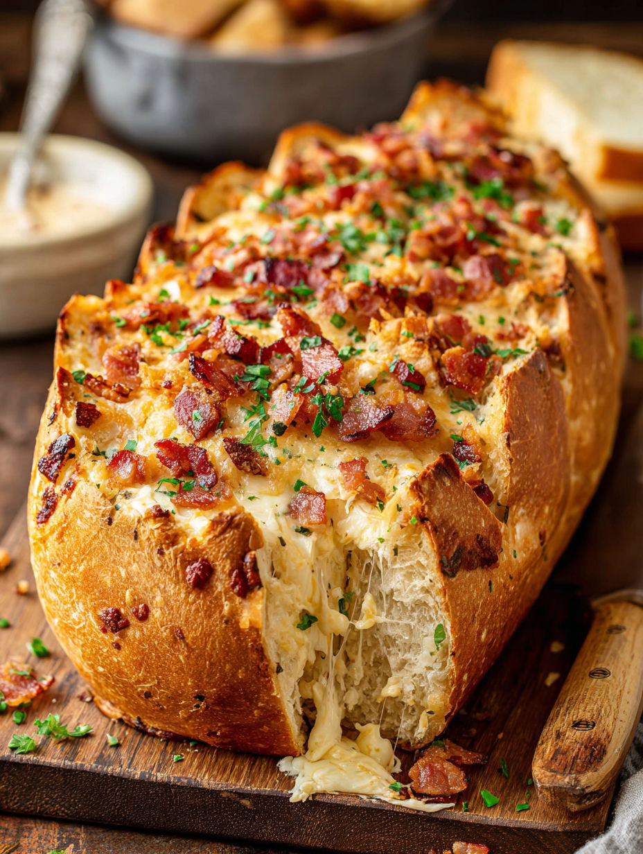 A slice of cheese and bacon cob loaf.