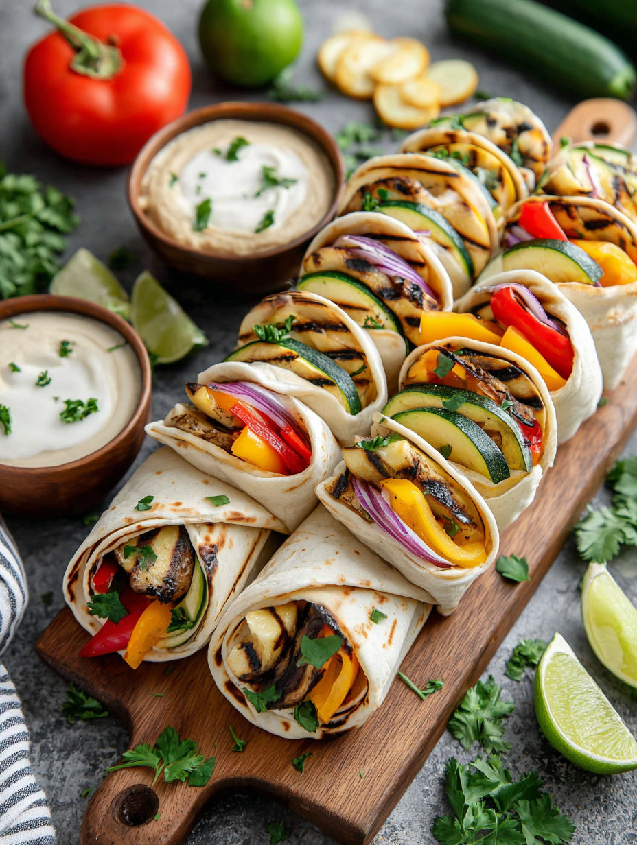 A wooden cutting board with grilled veggie wraps.