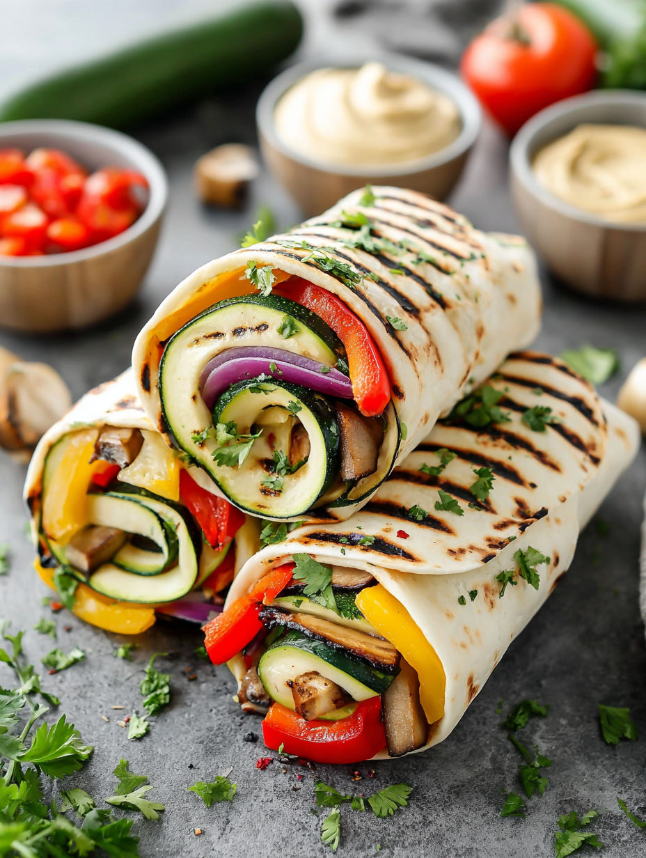 A grilled veggie wrap with a variety of vegetables.