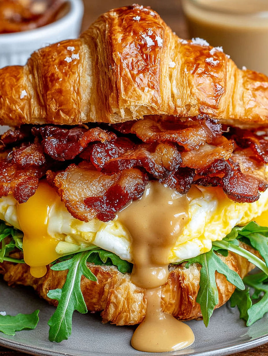 A croissant sandwich with bacon, egg, and maple mustard.