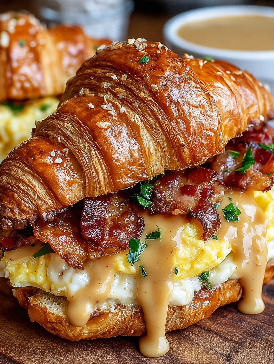 A croissant sandwich with bacon and maple mustard.