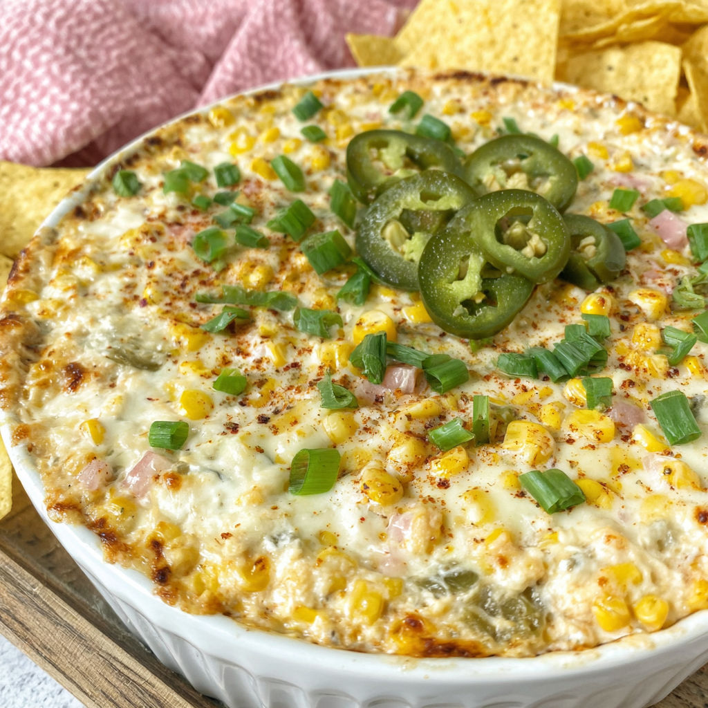 A white bowl filled with a baked corn dip.