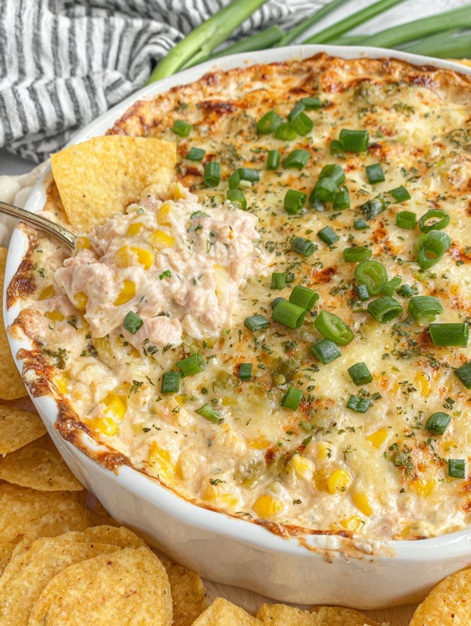 A bowl of baked corn dip with chips.