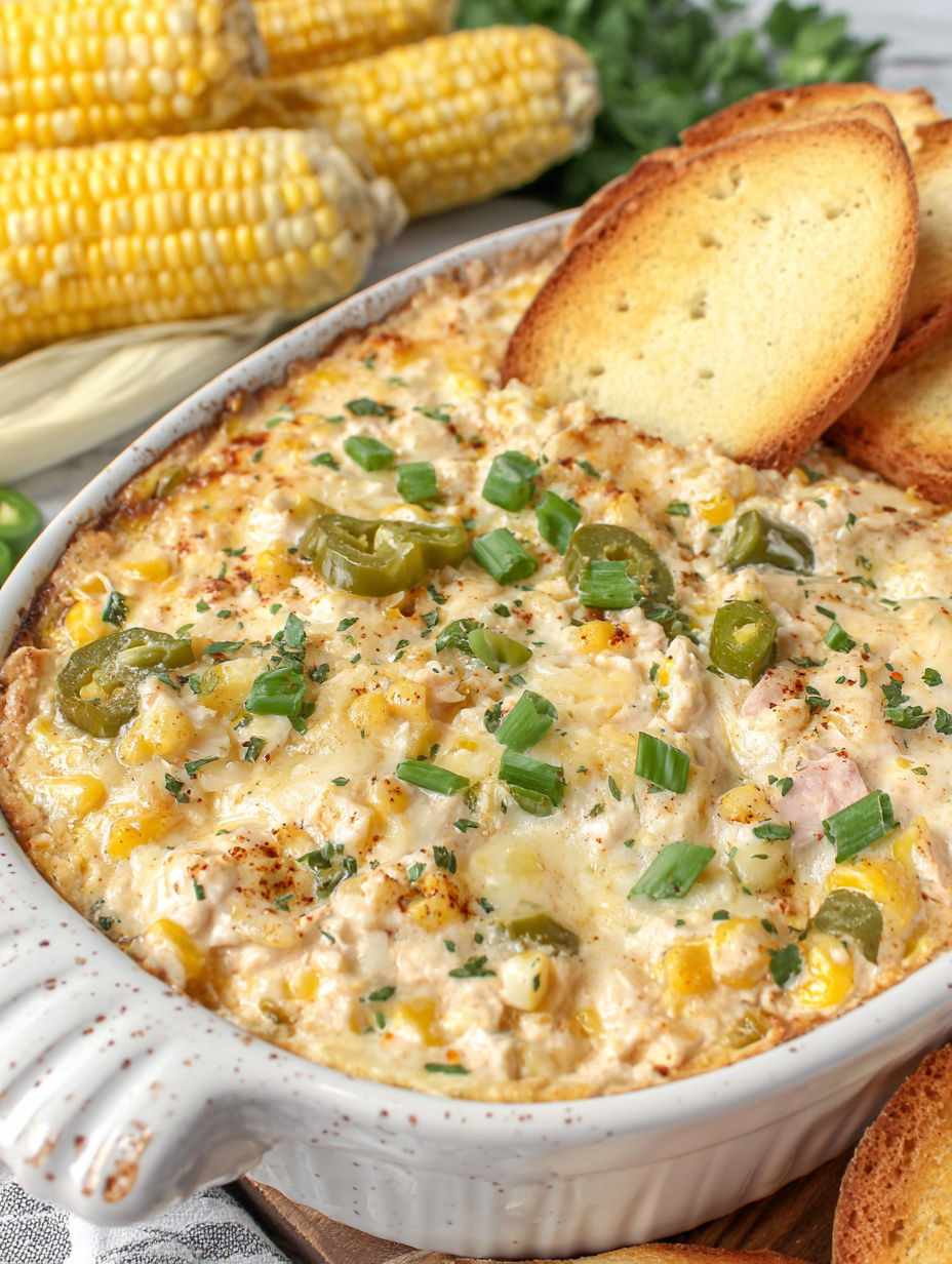 A bowl of baked corn dip with a slice of bread.