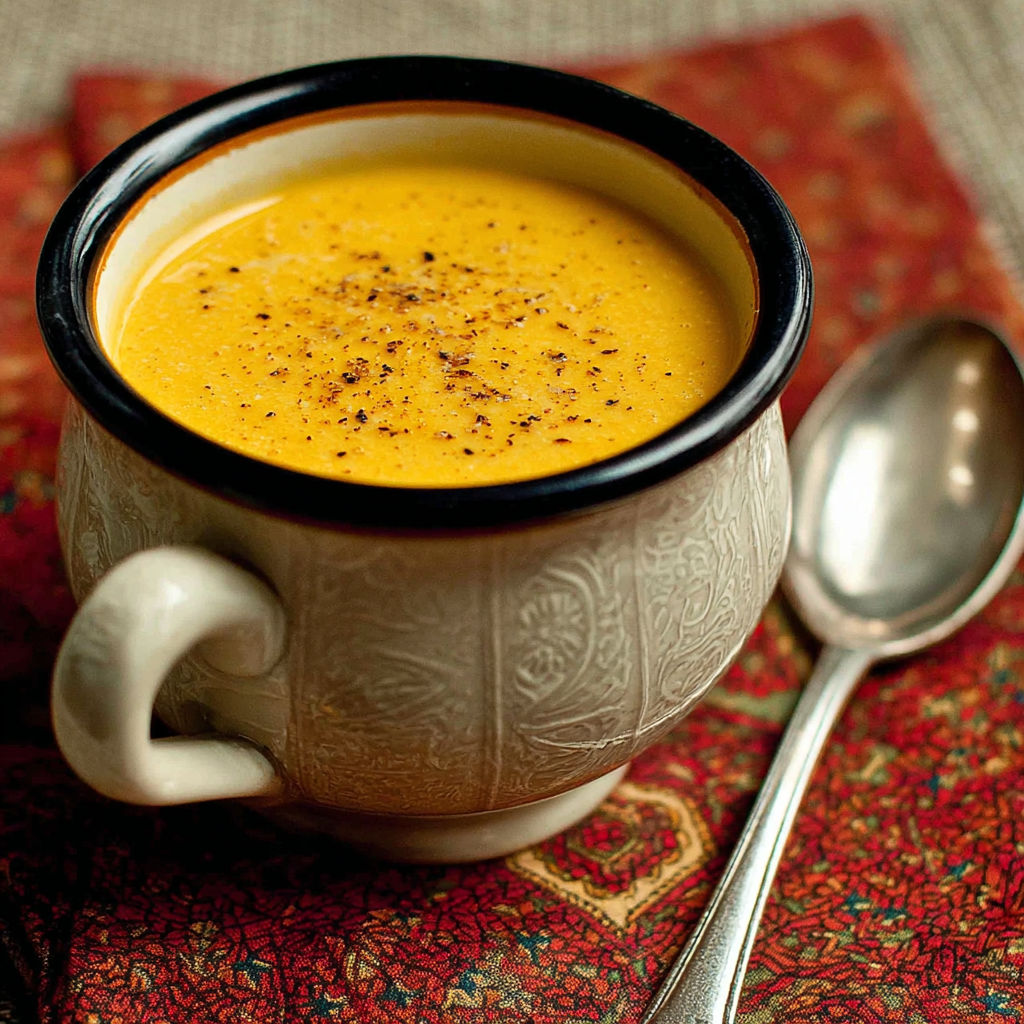 A cup of creamy butternut squash soup.