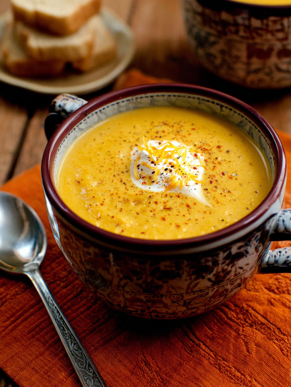 A cup of creamy butternut squash soup.