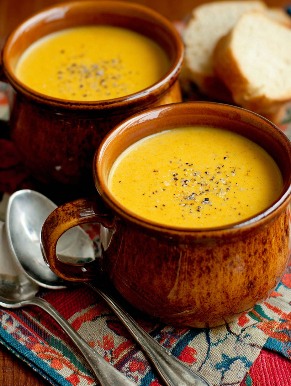 Two cups of creamy butternut squash soup.