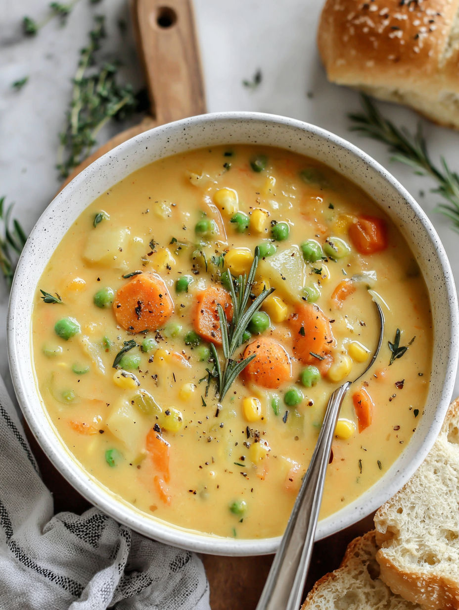 A bowl of soup with a spoon in it.