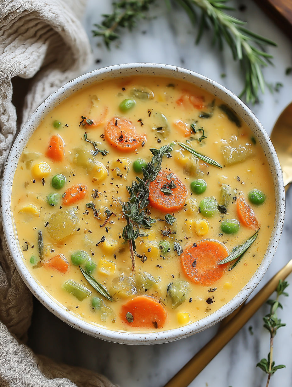 A bowl of soup with carrots, peas, corn, and other vegetables.