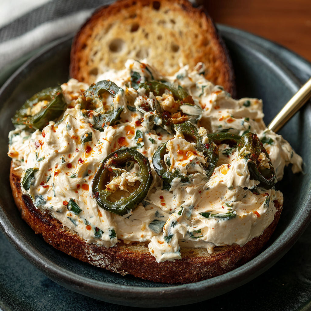 A plate of food with a slice of bread and a spread of jalapenos.