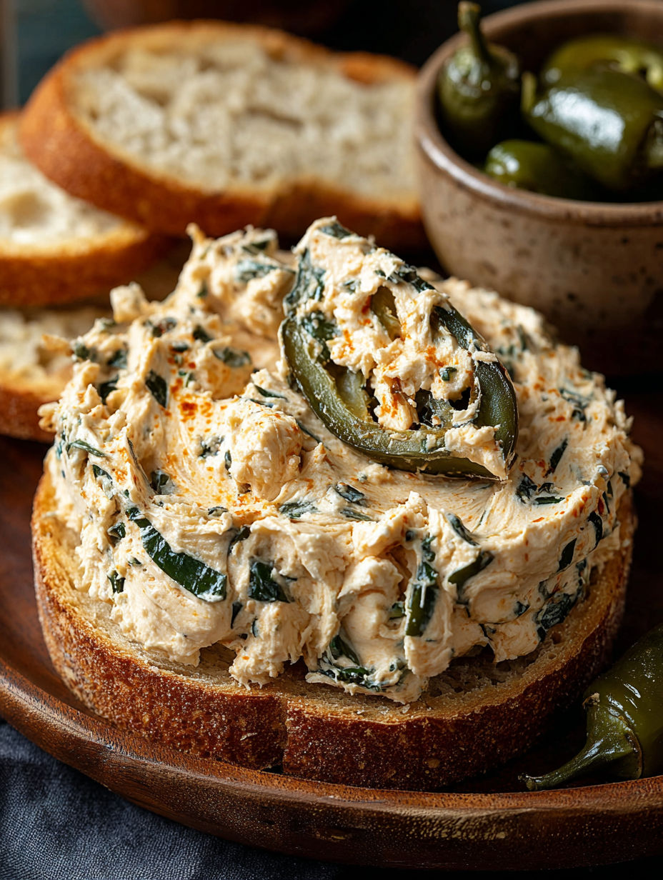A slice of bread with a spread of roasted jalapeño cowboy cream cheese.