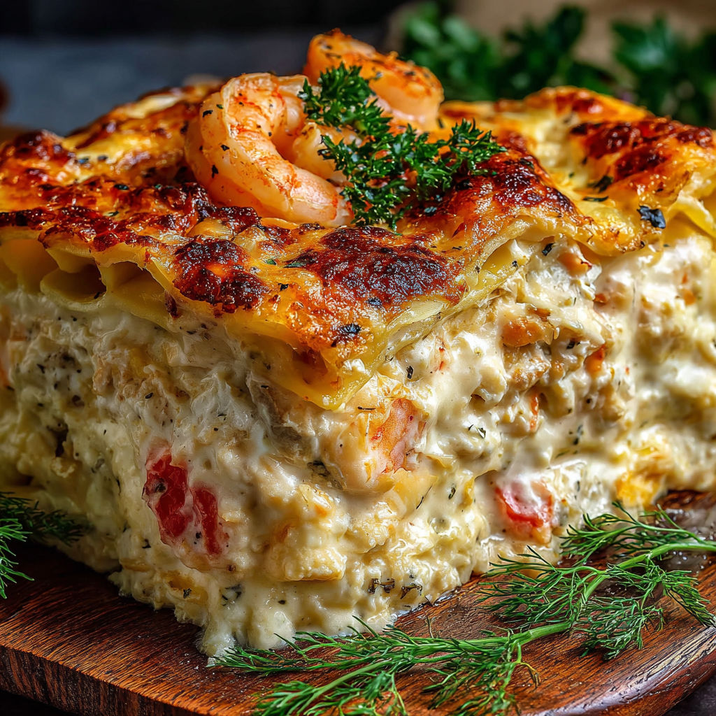 A seafood lasagna with shrimp and crab meat.