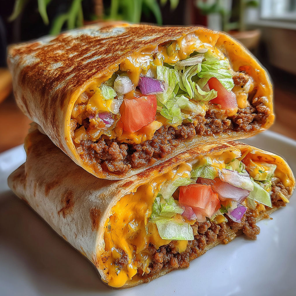 A beefy nacho cheese wrap on a plate.