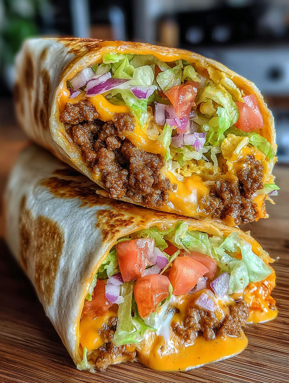 A beefy nacho cheese wrap with lettuce and tomatoes.