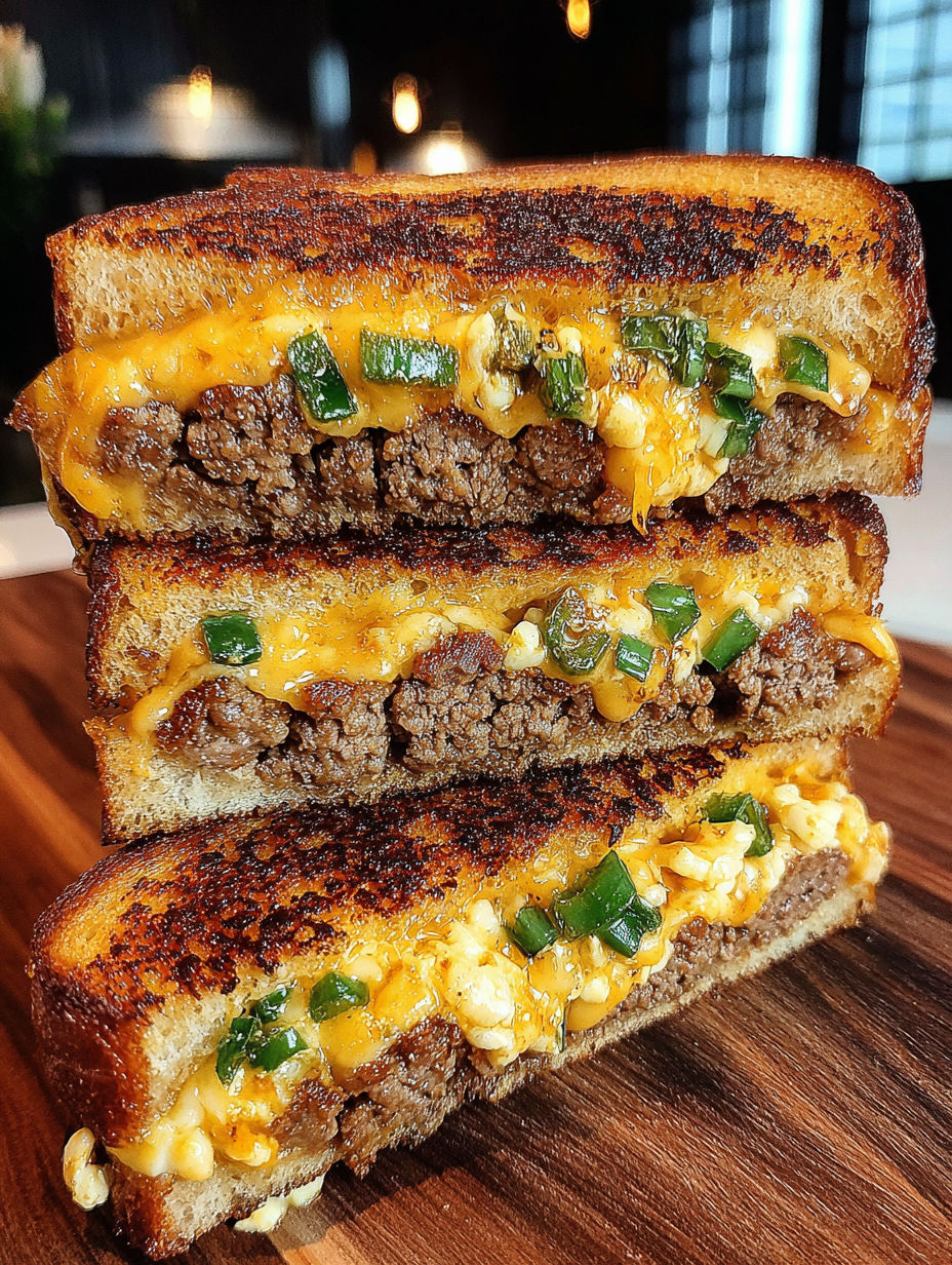 A close up of a grilled cheese sandwich with meat and vegetables.
