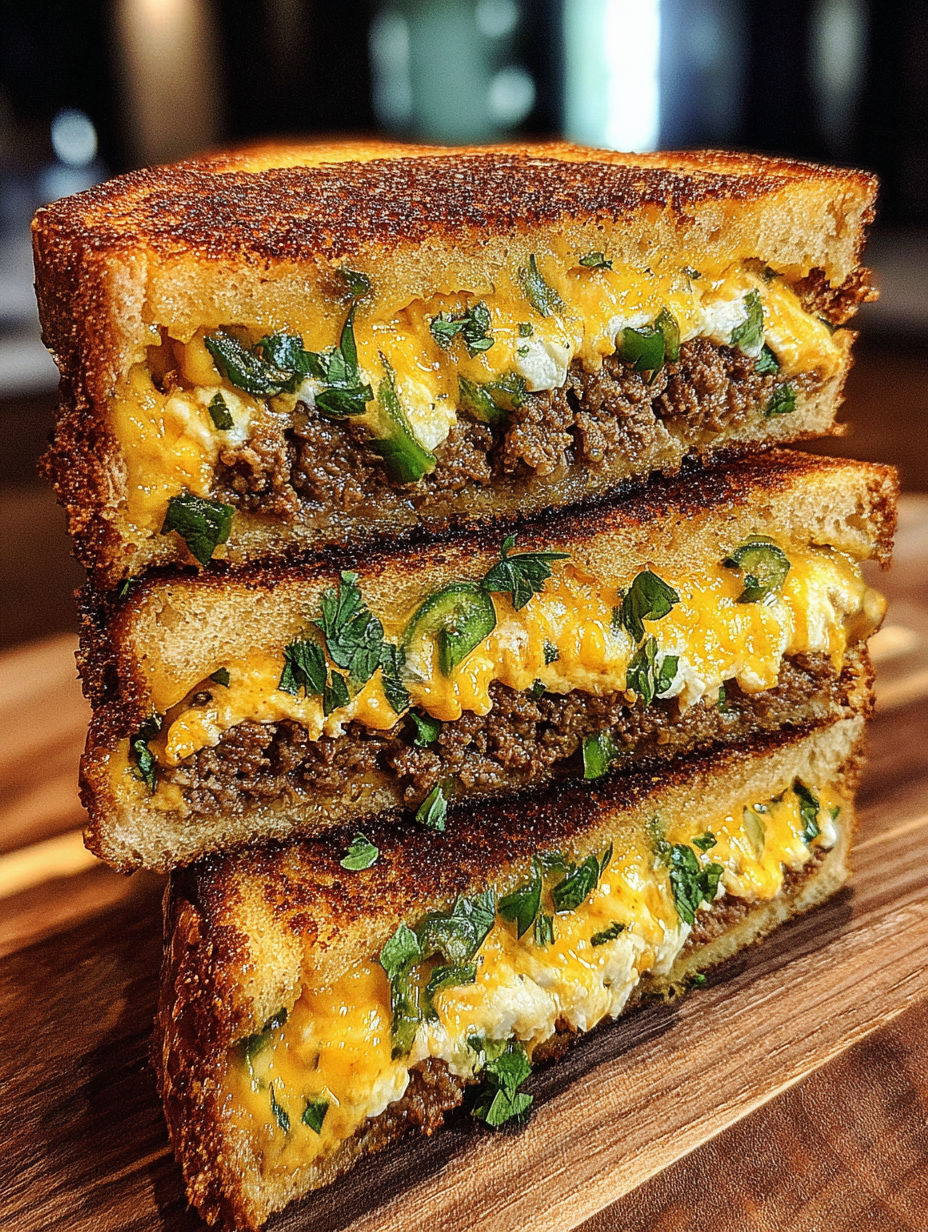 A sandwich with cheese and jalapenos on a wooden table.