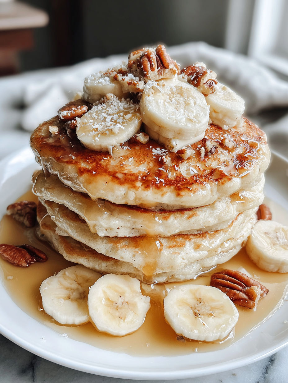 A stack of pancakes with bananas and nuts on top.