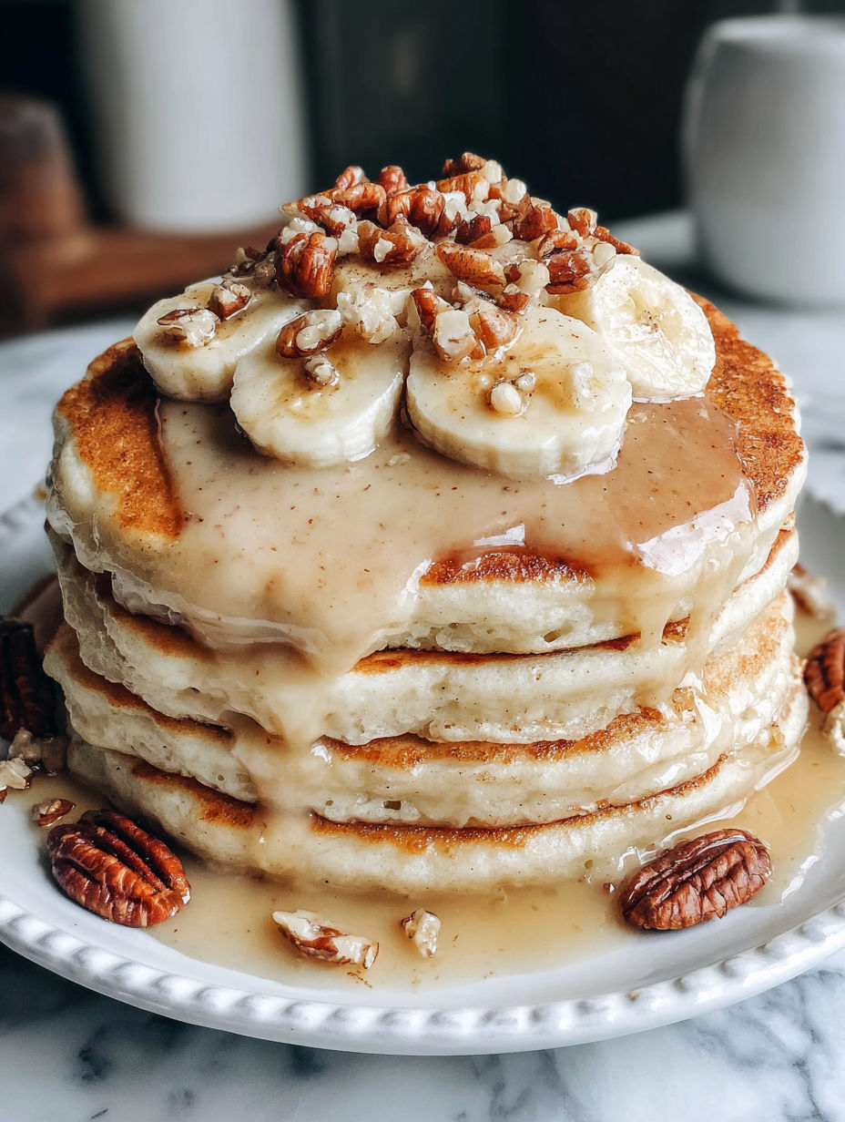 A stack of pancakes with bananas and walnuts on top.