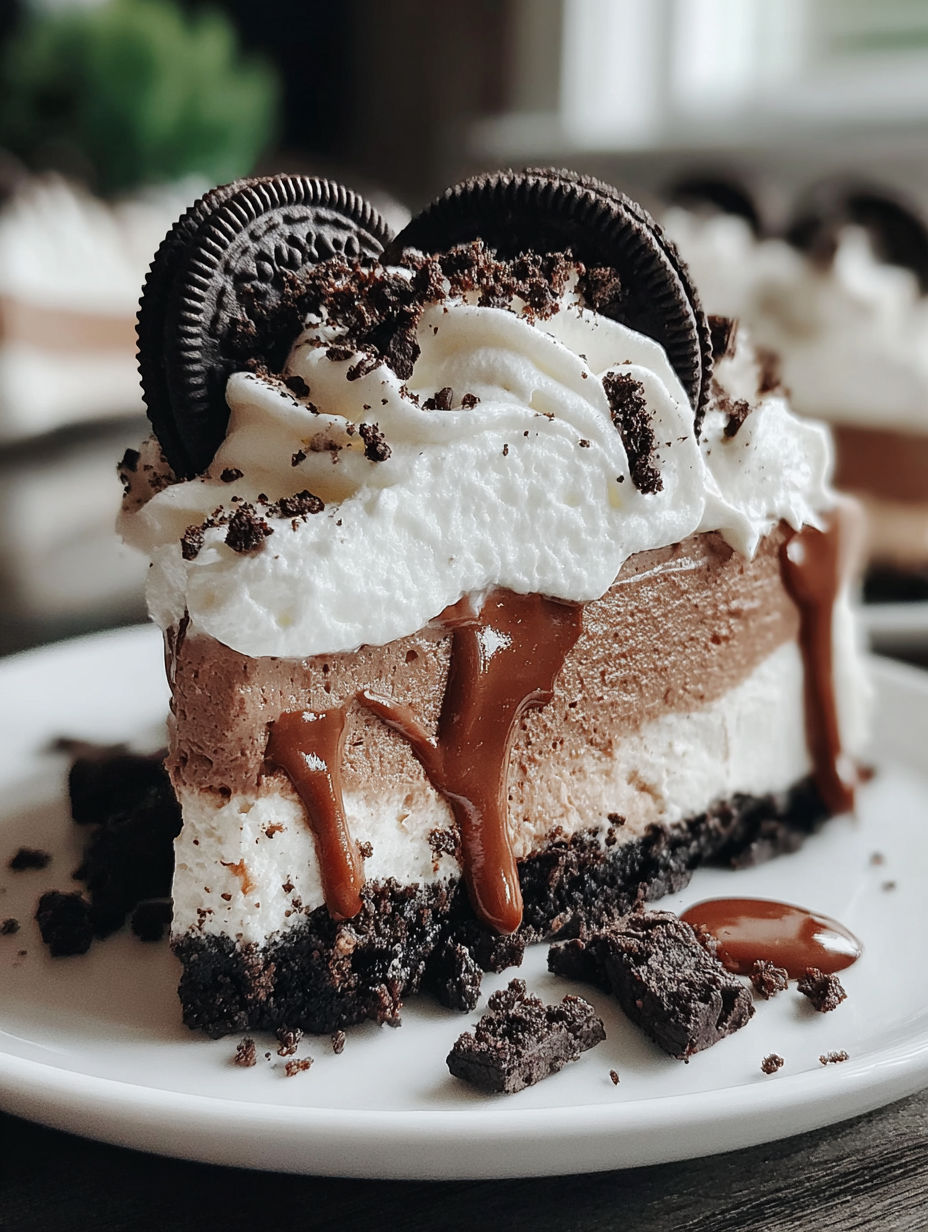 A slice of Oreo Delight cake with chocolate and white icing.