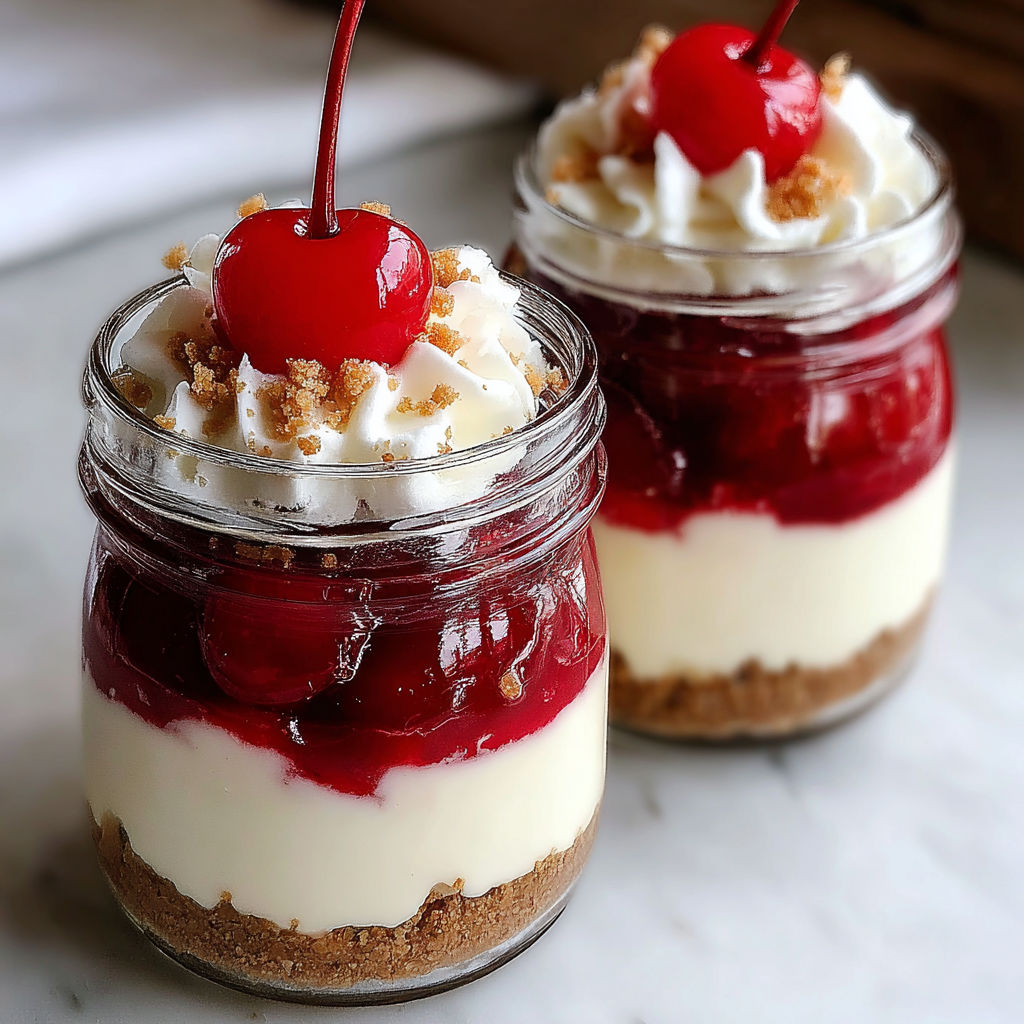 Two jars of cherry cheesecake.