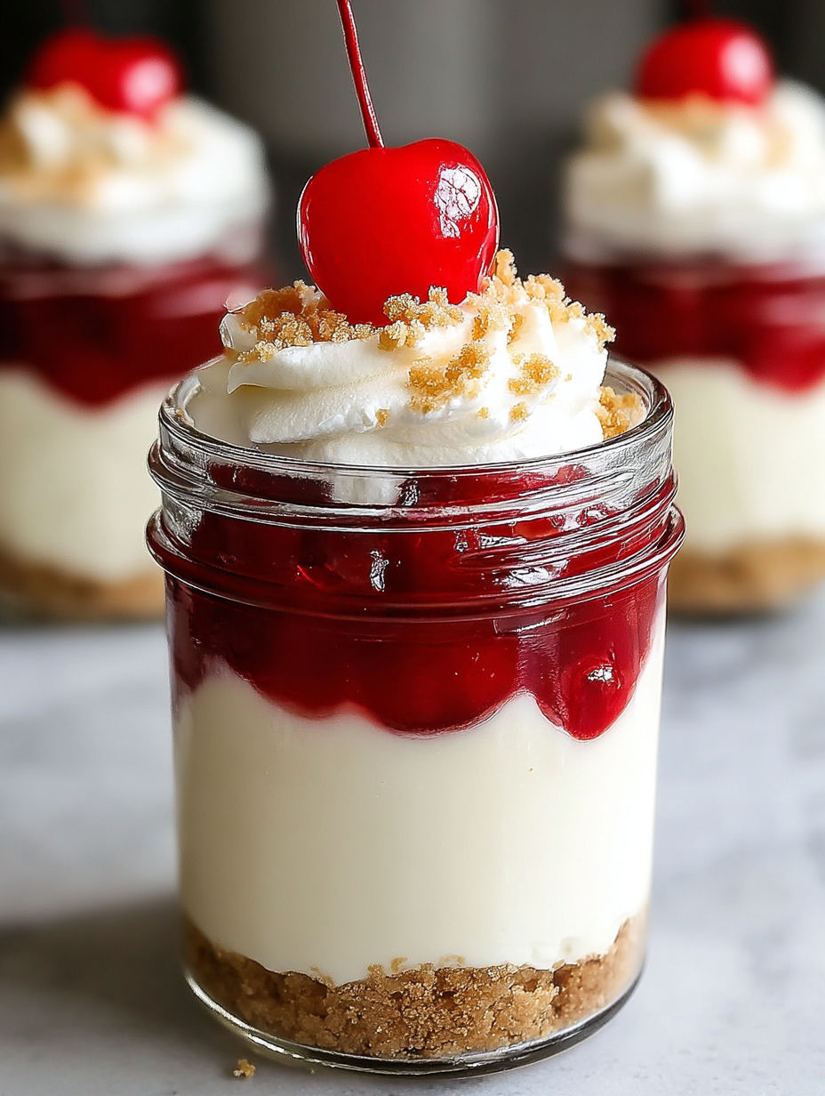 A jar of cheesecake with a cherry on top.