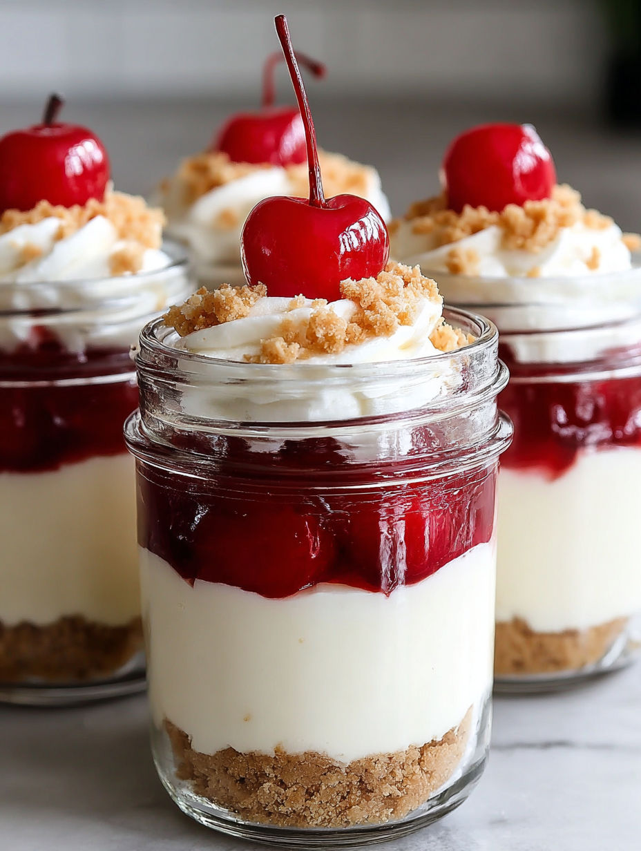 A jar of cherry cheesecake with a cherry on top.