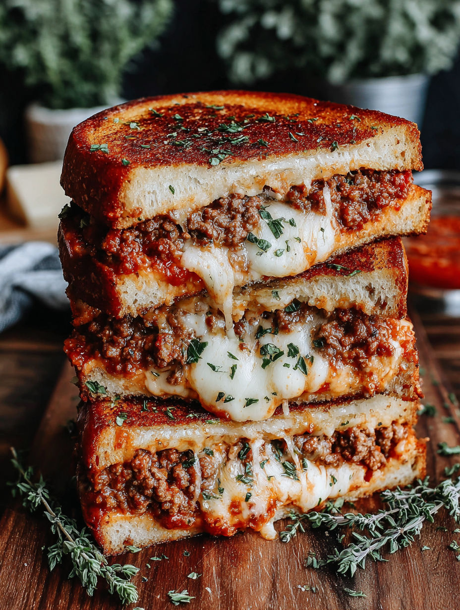 A stack of grilled cheese sandwiches with meat and tomato sauce.