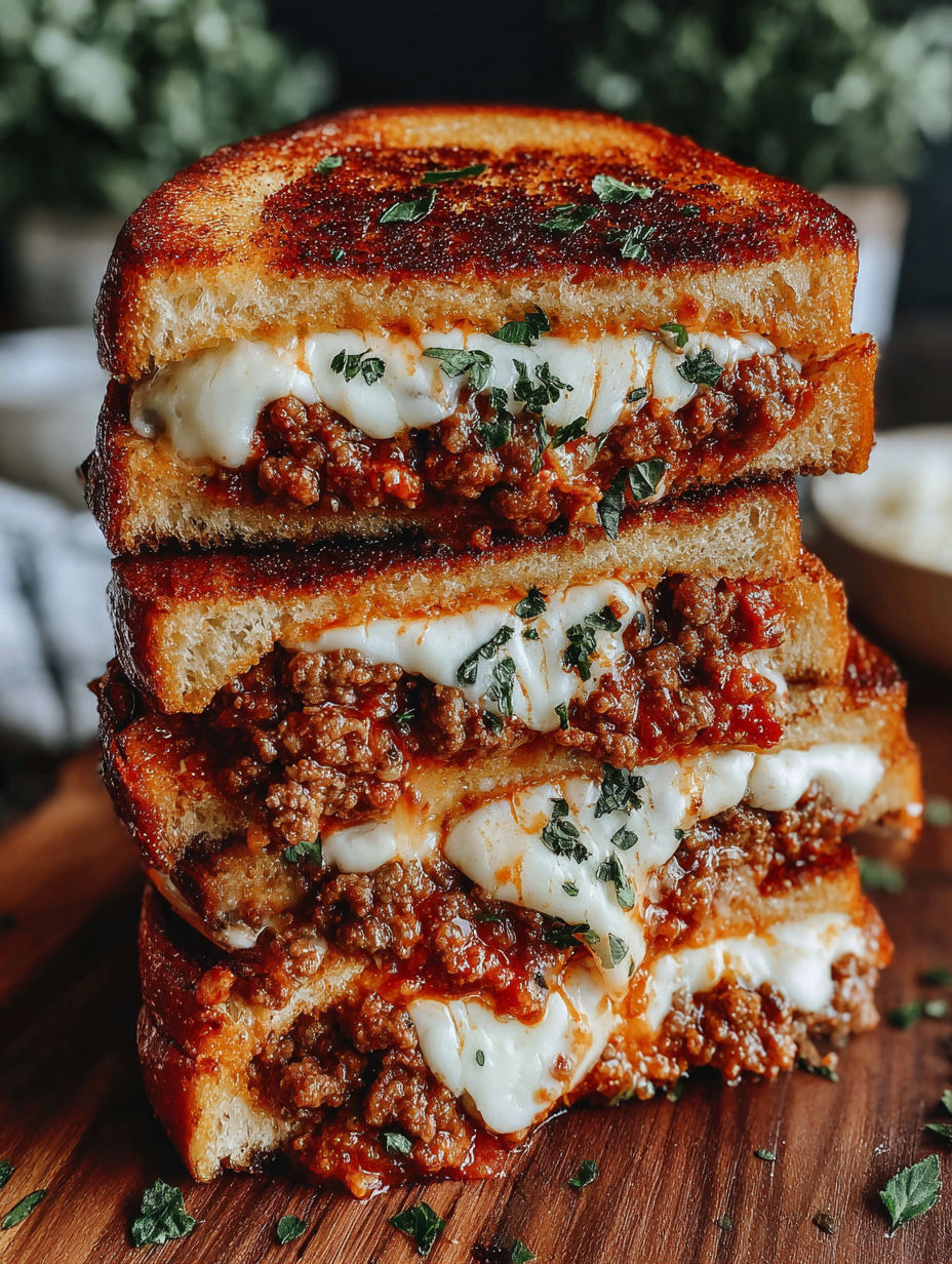 A grilled cheese sandwich with meat and sauce.