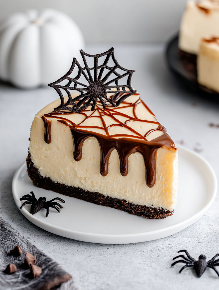 A slice of cheesecake with a spider web on top.