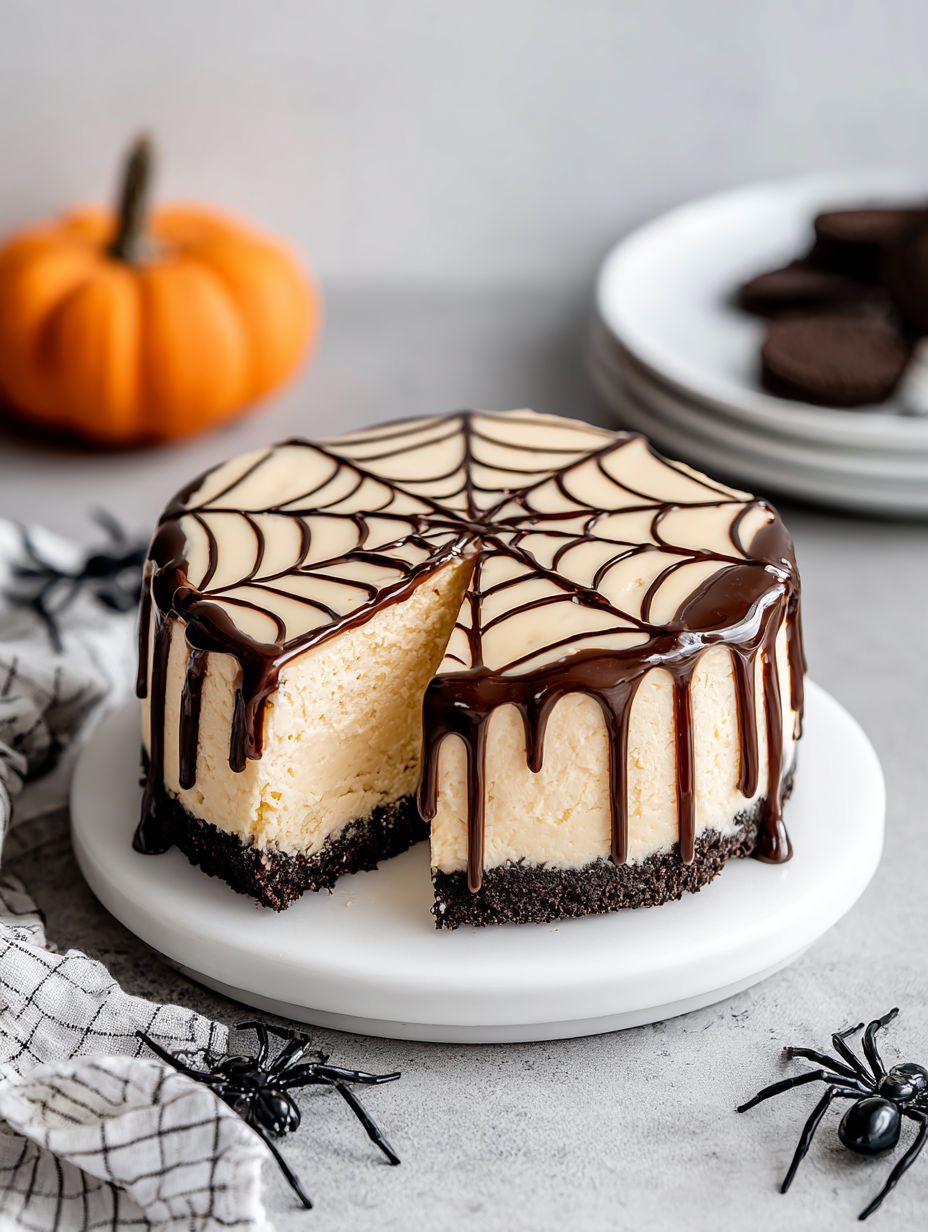 A slice of spiderweb cheesecake on a plate.