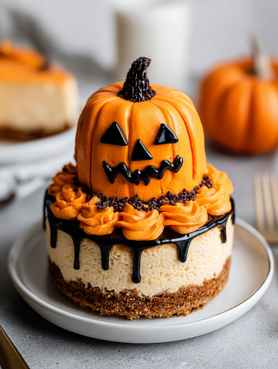 A slice of cake with a pumpkin on top.