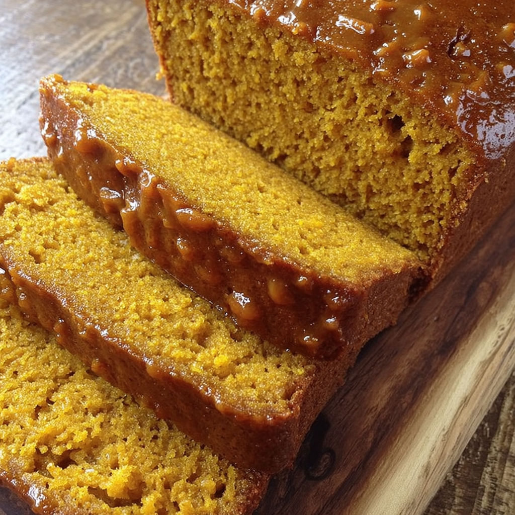 A slice of pumpkin bread on a wooden table.