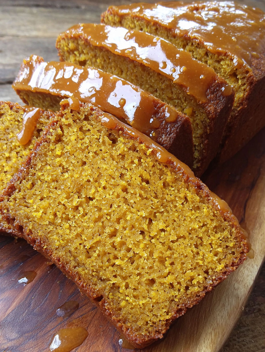 A slice of pumpkin bread with caramel drizzled on top.