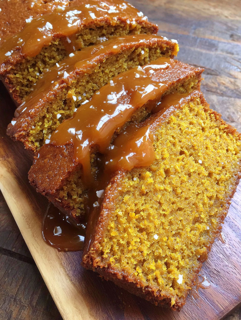 A slice of pumpkin bread with caramel sauce drizzled on top.