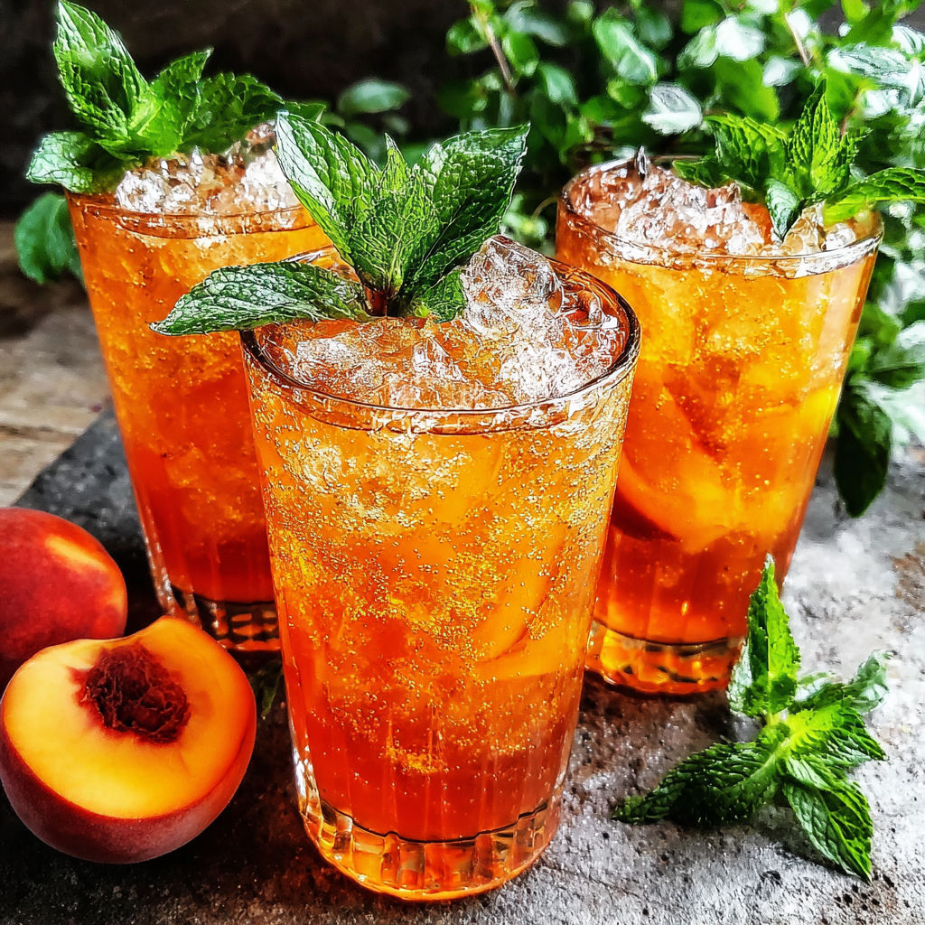 Three glasses of peach iced tea on a table.