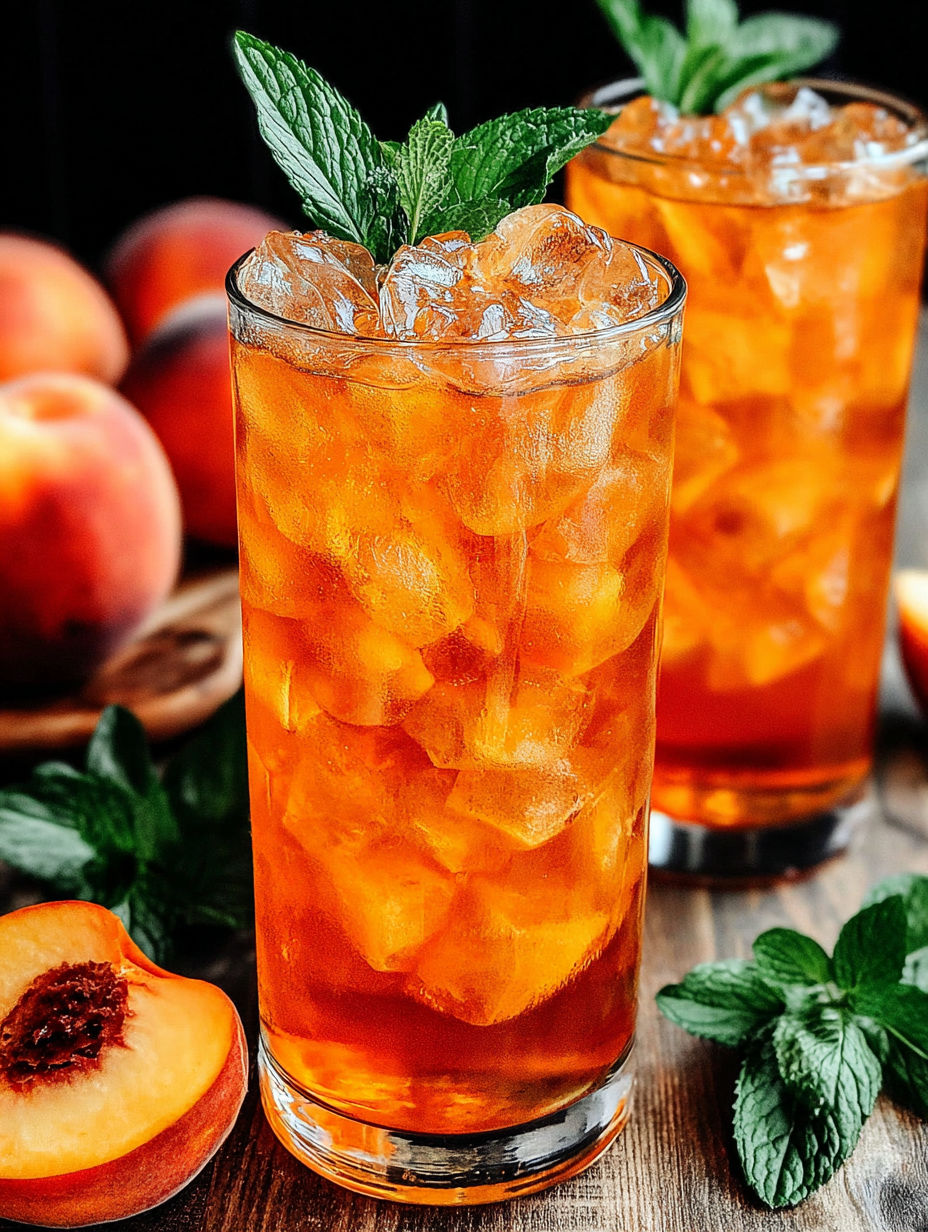 A glass of iced tea with peaches in it.