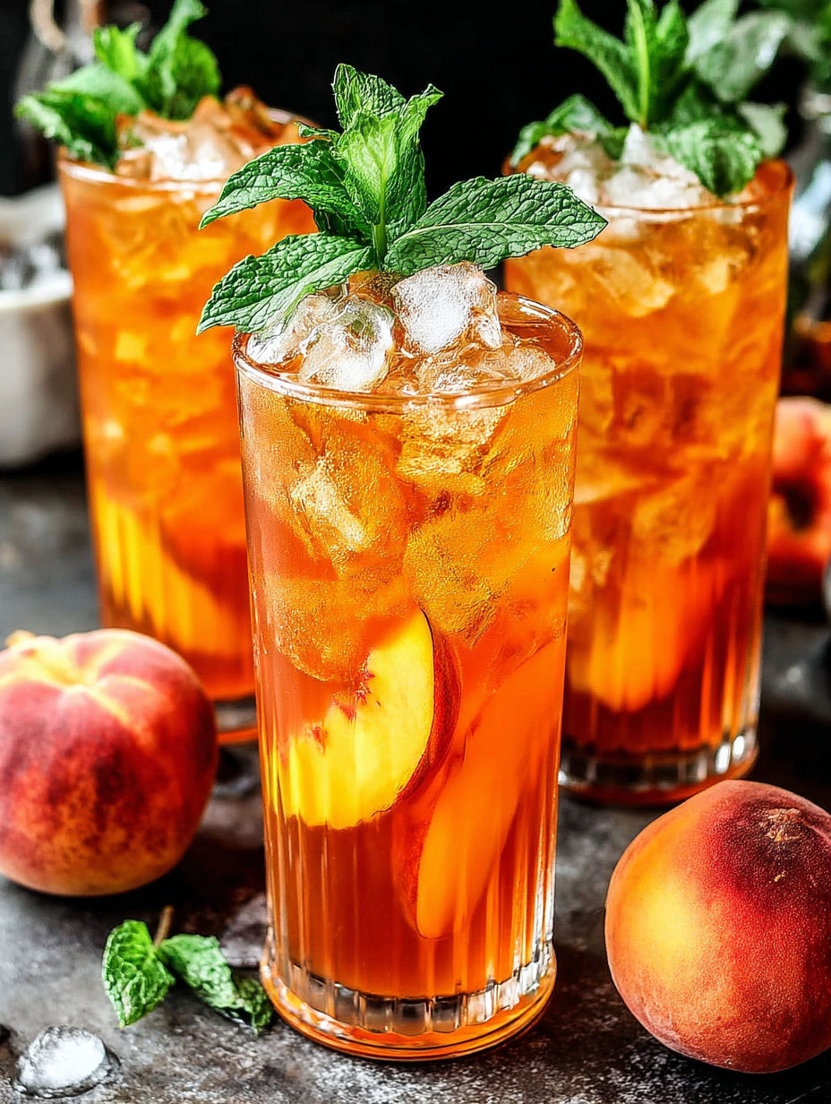 A glass of iced tea with a peach slice in it.