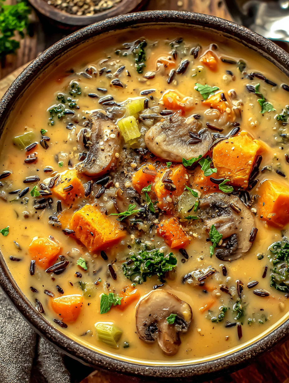 A bowl of soup with mushrooms, carrots, and rice.
