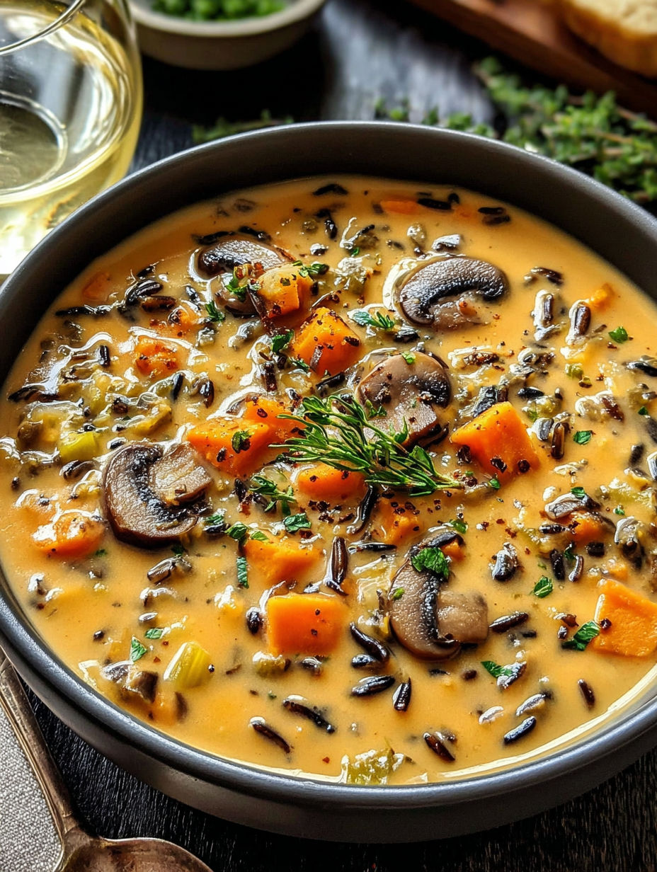 A bowl of soup with mushrooms and carrots.