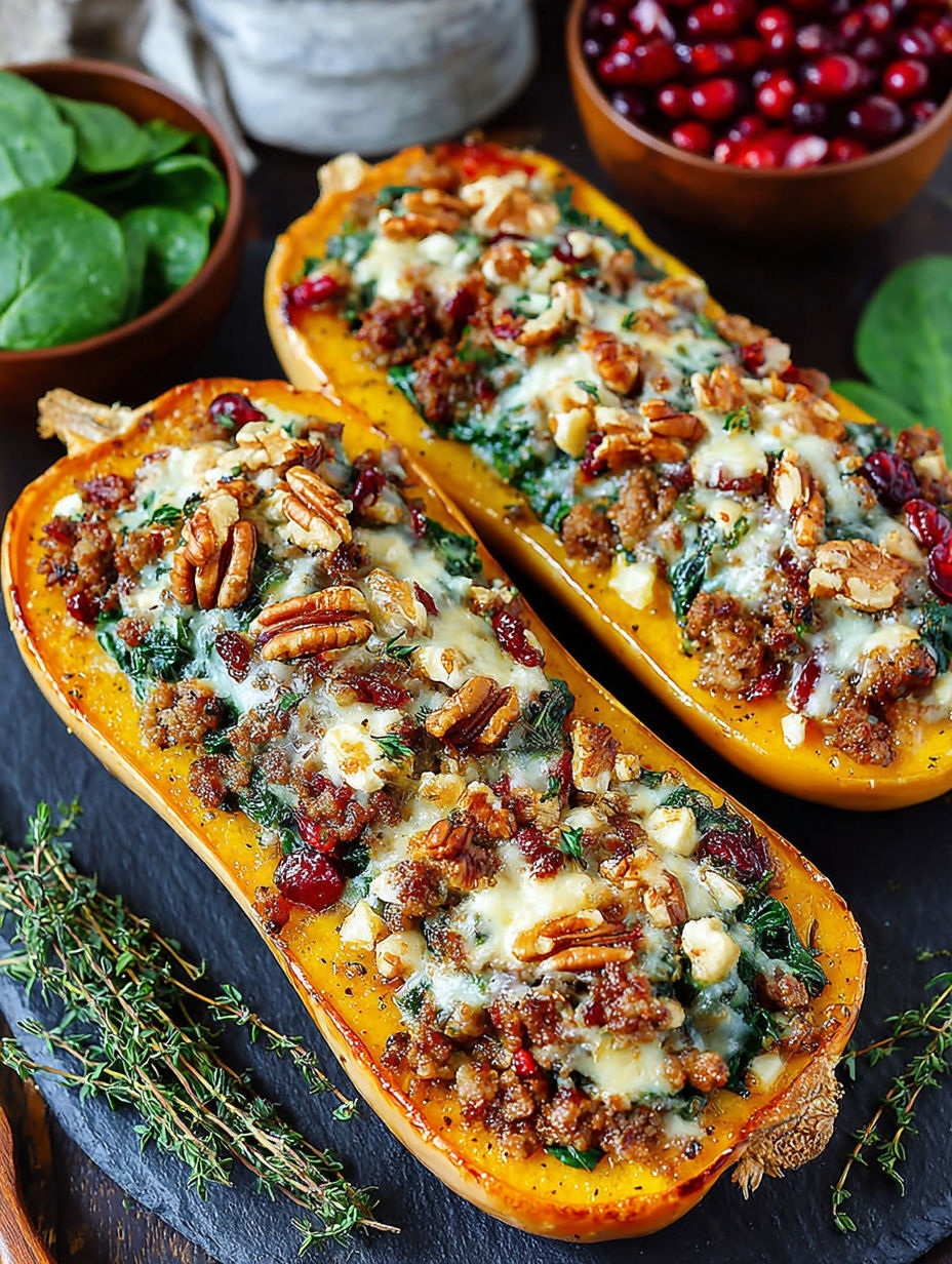 Two stuffed butternut squash with cheese and nuts.